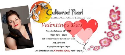 Valentines Day at The Cultured Pearl Tuesday February 14th 2017 Live Jazz with Kerensa Gray.