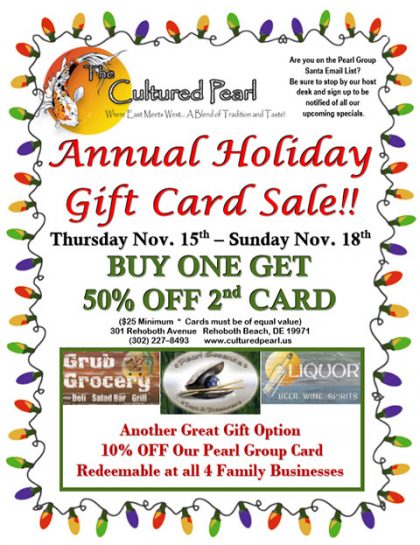The Annual Holiday Gift Card Sale is On! November 15th - 18th, 2018!